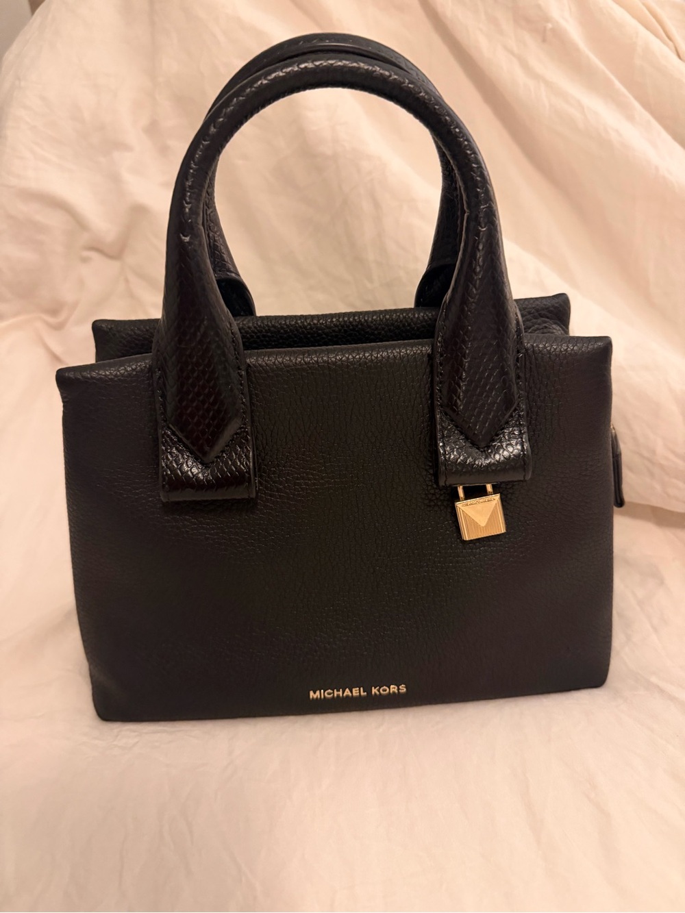 Michael Kors Black Leather Top-Handle Satchel with Gold Accent
